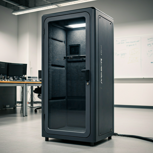 GTLM booth exterior, matte anodized aluminum enclosure with smoked glass door, standing in a research laboratory