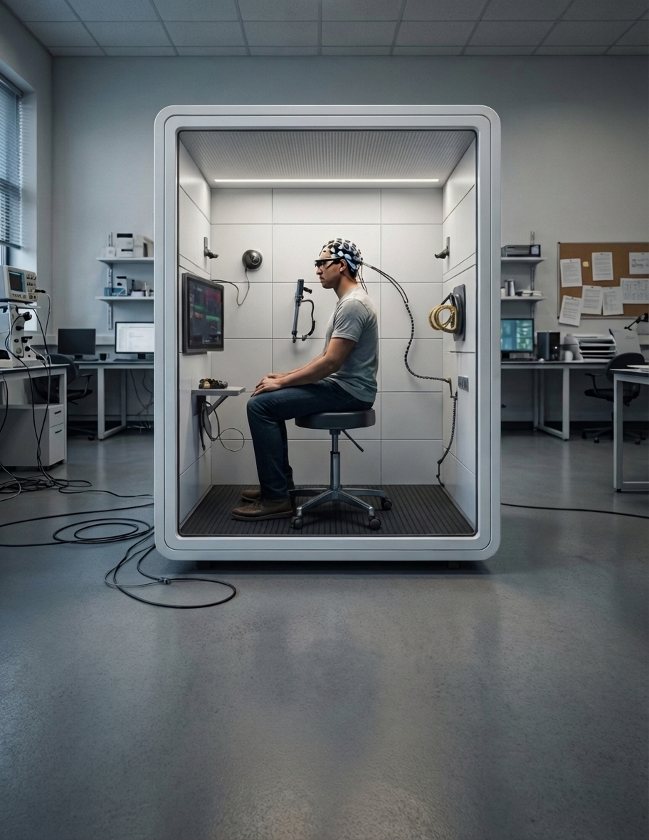 Subject seated inside GTLM booth wearing EEG headset and eye-tracking glasses during a biometric capture session